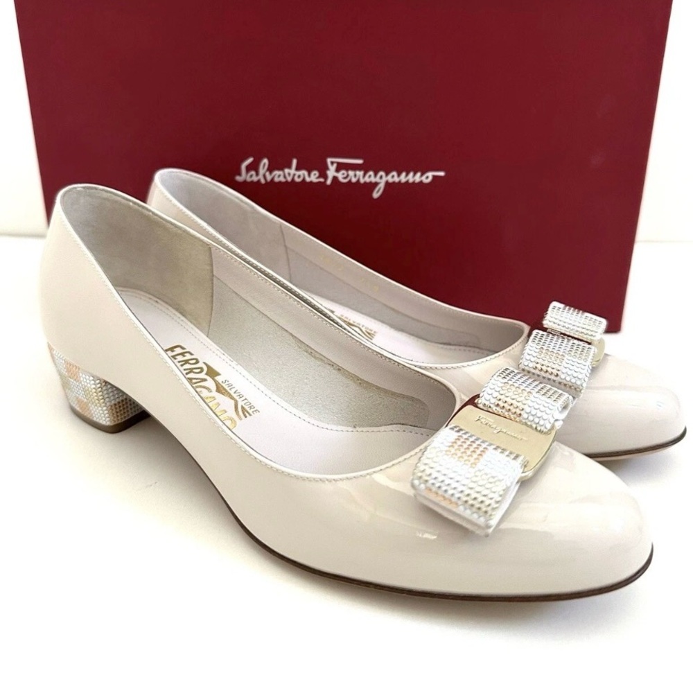 SALVATORE FERRAGAMO VARA MOSAIC 3.0 CM BOW STUDDED HEELS BALLET 8.5 B LEATHER